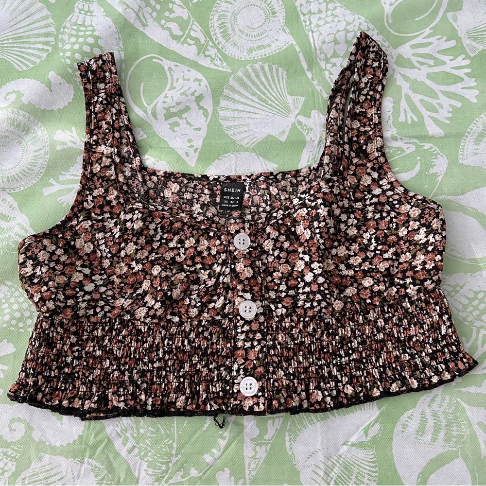 Shein Floral Print Drawstring Front Top Size XS (2)